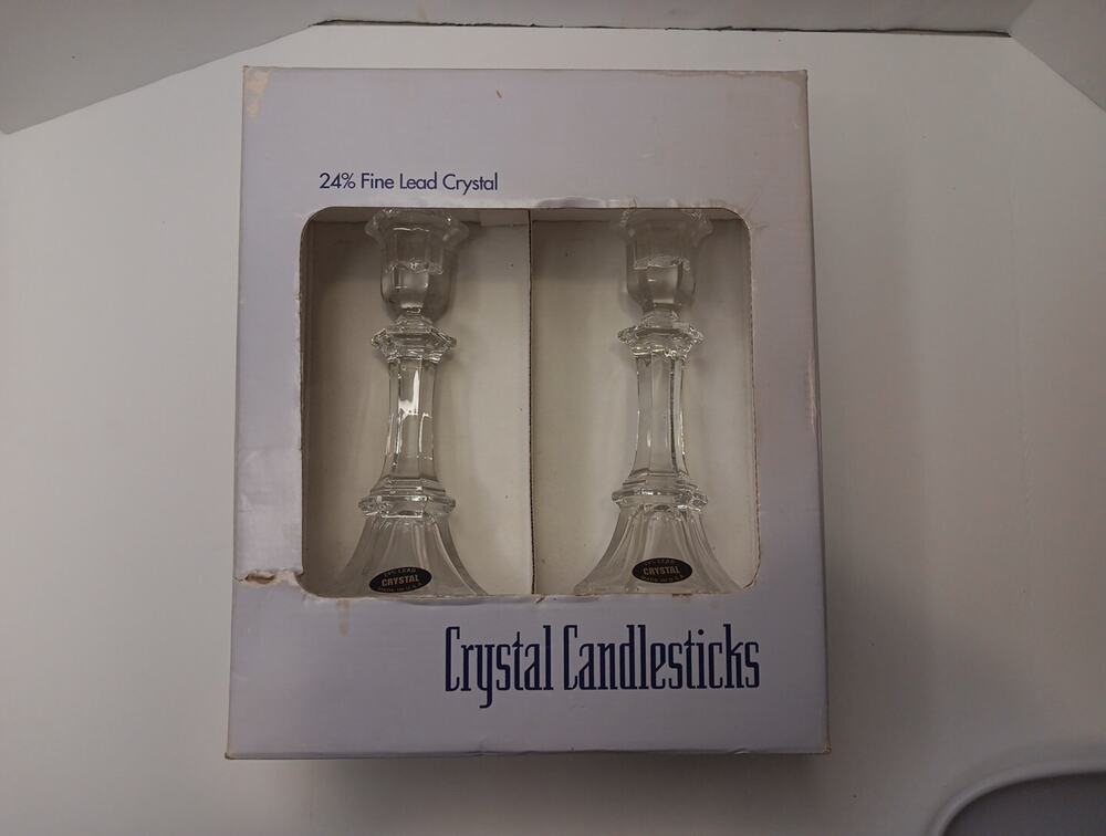 St George 24% Lead Crystal 7" Candlesticks NIB